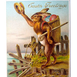 Easter Postcard Fantasy Dressed Bunny Rabbit Hat & Cane Egg Basket Series 52